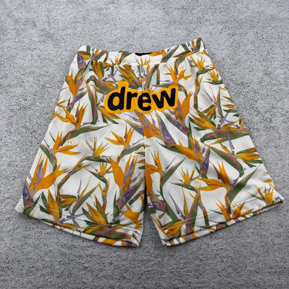 Drew House Mesh Shorts Mens Medium Orange White Floral Spellout Logo Pull On